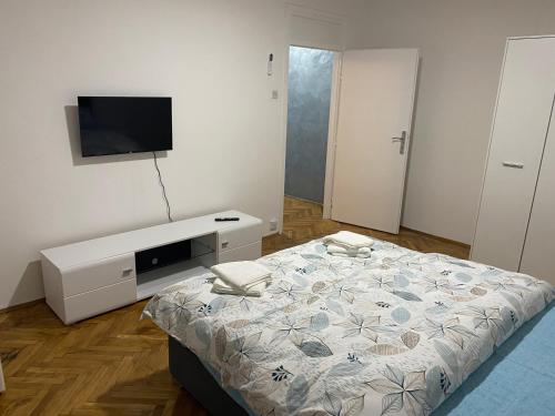 a bedroom with a bed and a flat screen tv at SaS in Vrbas