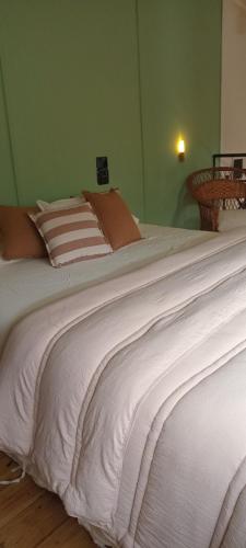 1 cama blanca grande en una habitación verde en Caelum House Apartamento, en Rafaela