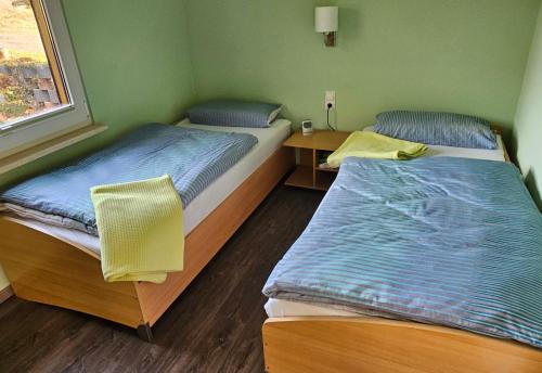 ein Schlafzimmer mit zwei Betten und einem Schreibtisch und einem Fenster in der Unterkunft Ferienhaus Kammblick in Schwarzhausen