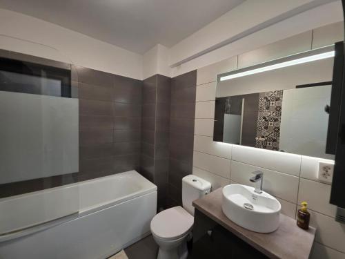 a bathroom with a sink and a toilet and a mirror at Apartament Zen Home in Craiova