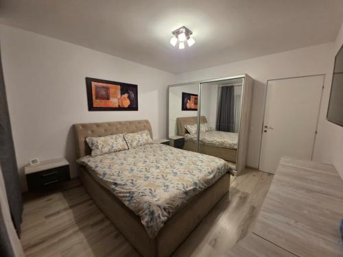 a bedroom with a bed and a large mirror at Apartament Zen Home in Craiova