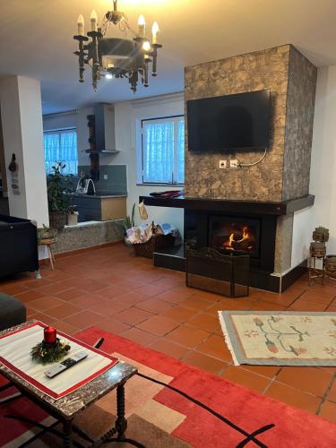 a living room with a fireplace and a flat screen tv at Quinta do Lameiro Maceira in Seia
