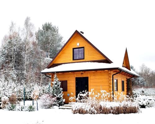 a wooden cabin with snow on the roof at Jałowcowe Zacisze 