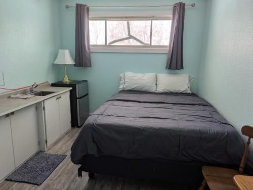 ein Schlafzimmer mit einem Bett, einem Waschbecken und einem Fenster in der Unterkunft Tight budget room for rent in my singlehouse in Estevan