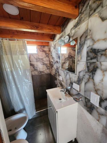 een badkamer met wastafel, douche en toilet bij Complejo Altavista in La Falda