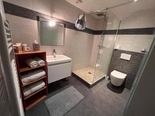 ロウファッハにあるSand & Chill - Studio 37Rのシャワー、トイレ、洗面台を備えたバスルーム