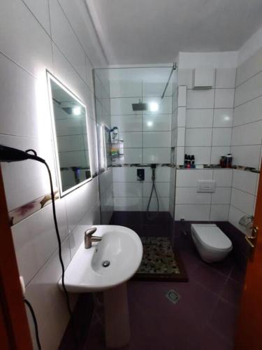 a bathroom with a sink and a toilet at Preni Suites in Elbasan