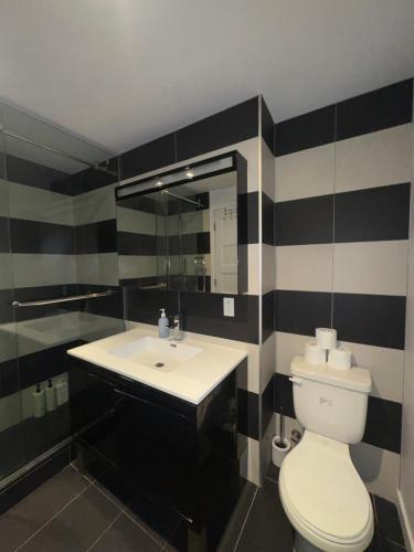 een zwart-witte badkamer met een toilet en een wastafel bij Cosy old port in Montreal