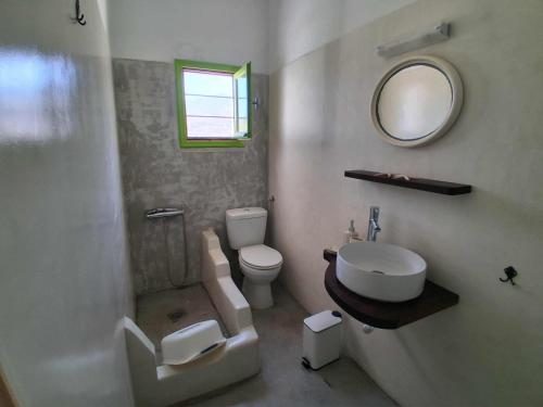 a bathroom with a sink and a toilet and a mirror at Aegaia Residencies in Katapola