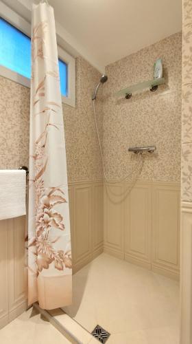 a bathroom with a shower with a shower curtain at Apartmány U Obory in Nechánice