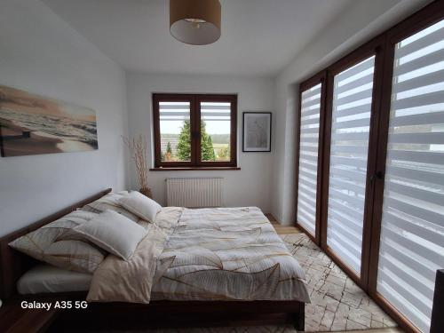 ein Schlafzimmer mit einem Bett in einem Zimmer mit Fenstern in der Unterkunft Swiąteczny Apartament Rotembark in Rotembark