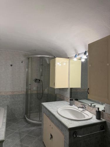 a bathroom with a sink and a shower at Living Adua Centro in Tortona