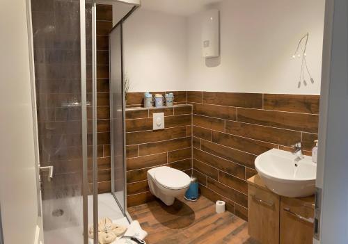 a bathroom with a toilet and a sink and a shower at Ferienwohnungen Zur Biberburg in Friedrichswalde