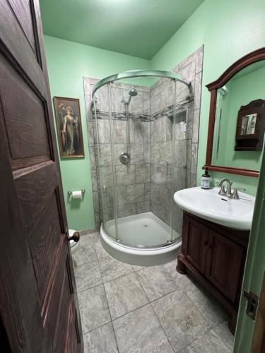 een badkamer met een douche en een wastafel bij The Suite in Fort Morgan