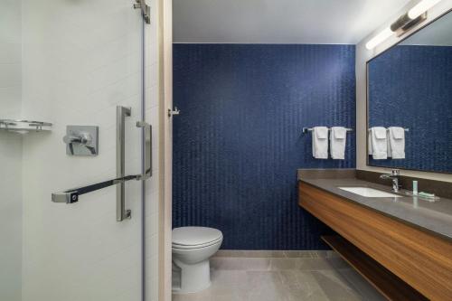 ein blaues Badezimmer mit Toilette und Waschbecken in der Unterkunft Fairfield Inn & Suites by Marriott Cumberland in Cumberland