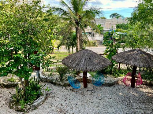 two umbrellas and chairs in the sand with trees at Cabañas Bacali in Bacalar
