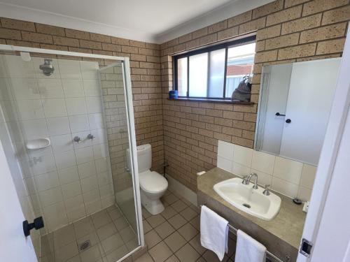 ein Badezimmer mit Toilette, Waschbecken und Dusche in der Unterkunft Albury Allawa Motor Inn in Albury