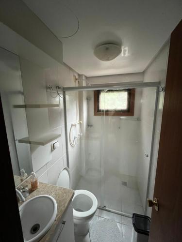 a bathroom with a shower and a toilet and a sink at Meu cantinho in Canela