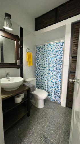 a bathroom with a white toilet and a sink at Espacio Santa Bárbara, Zona Colonial in Santo Domingo