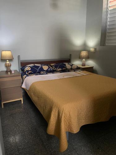 a bedroom with a large bed with two lamps on tables at Espacio Santa Bárbara, Zona Colonial in Santo Domingo