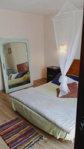 een slaapkamer met een bed met een grote spiegel bij Casa para 6 in Rocha