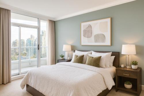 a bedroom with a large bed and a large window at Luxury 2-Bedroom Apartment in Coal Harbour with Stunning City Views in Vancouver