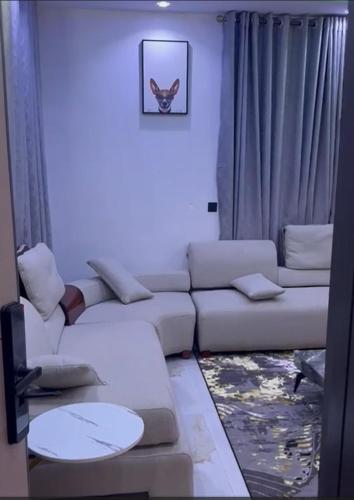 a living room with a white couch and a picture at Wii Apartments and Suites in Mama