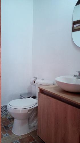 a bathroom with a toilet and a sink at Rural Cabin Among Clouds Támesis in Támesis
