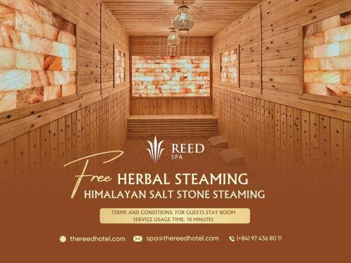 a poster for a herbal healing hypnian salt store showing a sauna at The Reed Hotel in Ninh Binh