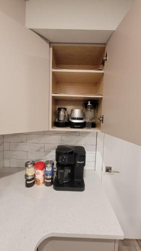 a kitchen with a coffee maker on a counter at Elegance by Mal and Al Luxury Private Bsmt Suite in Regina
