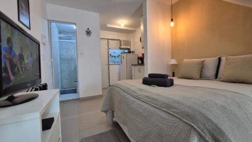 リオデジャネイロにあるLoft aconchegante na praia do Recreioのベッドと薄型テレビのある寝室