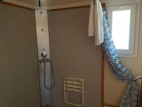 eine Dusche in einem Badezimmer mit Duschvorhang in der Unterkunft Chalet 5 pers - PMR - Terrasse spacieuse - API-1-52-1017 in Dolus d'Oléron
