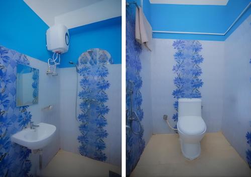 Sumeru Hotel and Lodge في Itahari: صورتين لحمام به مرحاض ومغسلة