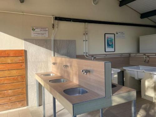 ein öffentliches Bad mit 2 Waschbecken in einem Zimmer in der Unterkunft Chalet à Saint-Pierre-d'Oléron avec Terrasse - API-1-52-1111 in Dolus d'Oléron