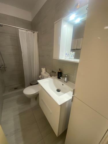 ein weißes Badezimmer mit Toilette und Waschbecken in der Unterkunft Paul and Maria Sea View Apartment in Polis Chrysochous