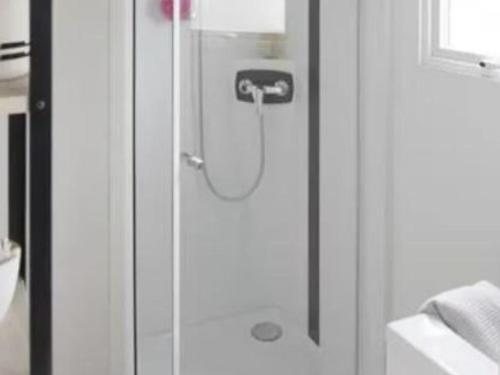 a shower with a shower head in a bathroom at Mobil home 32m² avec terrasse au Camping De La Cascade, 3 chambres pour 6 personnes - API-1-52-1162 in Saint-Rome-de-Tarn
