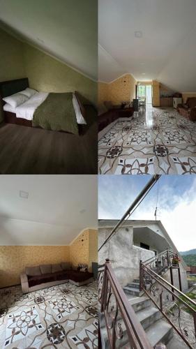 a collage of four pictures of a bedroom and a staircase at Зелений Рай in Dilijan