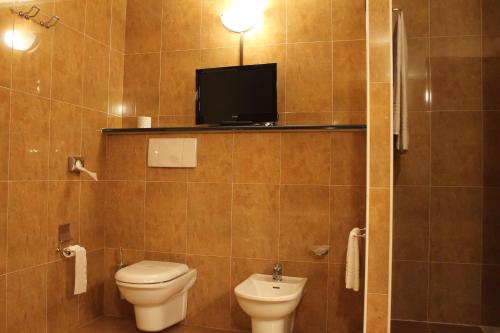 a bathroom with a toilet and a tv on a shelf at Hotel Don Carlo in Broni