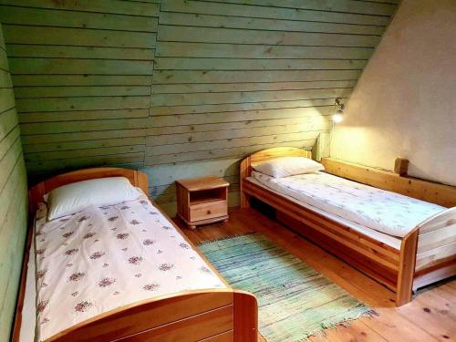 Una habitación con dos camas en una habitación con paredes verdes. en Dosbajka, en Małastów