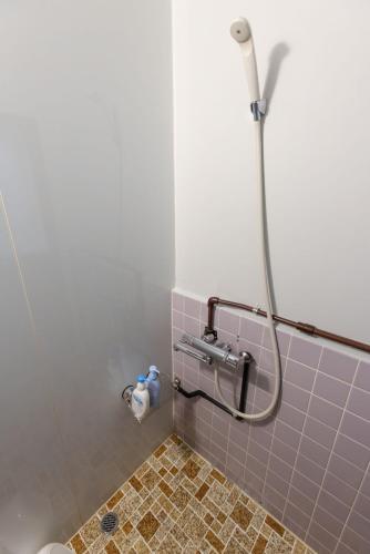 a shower in a bathroom with a tiled floor at Oninosanpomichi in Kumano