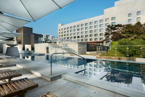 a pool on the roof of a building at Maison Glad Jeju in Jeju