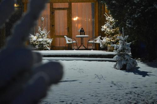 eine Veranda mit einem Tisch und Stühlen im Schnee in der Unterkunft 4 Wheels Cabin in Būda