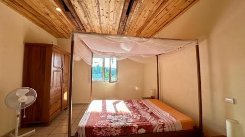 a bedroom with a canopy bed and a window at VILLA RAVOLA - Ambondrona in Nosy Be