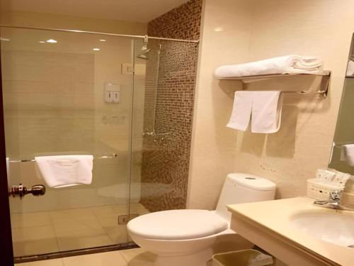 e bagno con servizi igienici, doccia e asciugamani. di GreenTree Inn Zibo Renmin Park a Zibo