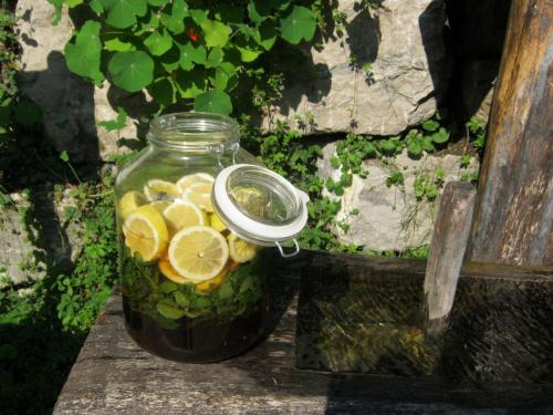 a jar of lemonade with lemon slices in it at Naturidyll Hotel Hammerschmiede in Anthering