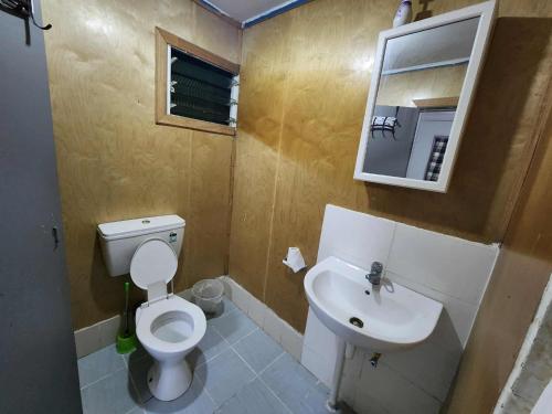 a bathroom with a toilet and a sink and a mirror at Dreaming Dawn in Tofoa