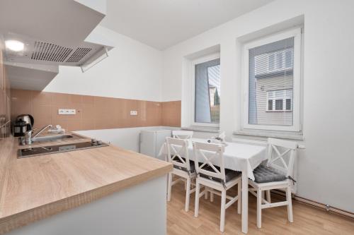 eine Küche mit Tisch und Stühlen in einem Zimmer in der Unterkunft Apartmán U Dubu in Jablonné nad Orlicí