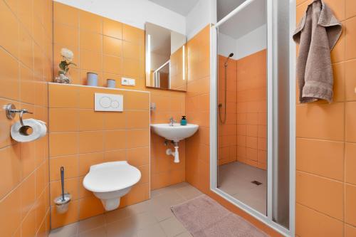 ein orangefarbenes Badezimmer mit WC und Waschbecken in der Unterkunft Apartmán U Dubu in Jablonné nad Orlicí