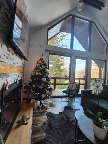a living room with a christmas tree and a fireplace at Wild House in Sinaia