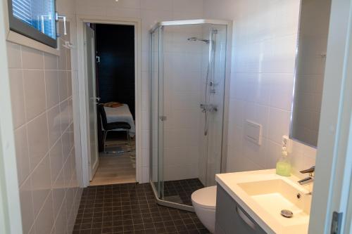 un bagno con doccia, WC e lavandino di Aurinkorinne 10 a Kalajoki